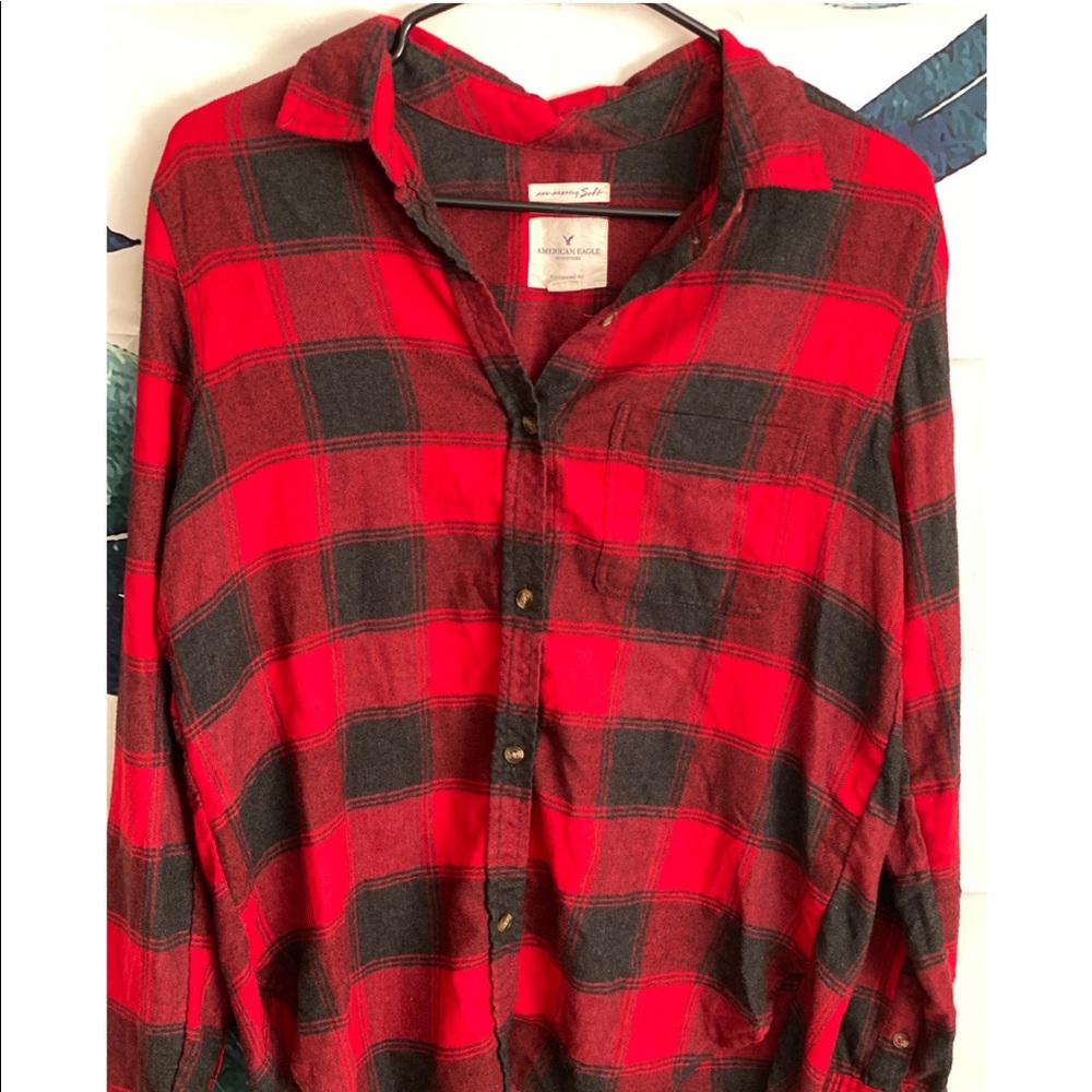 AE Red and Black Plaid Button Down